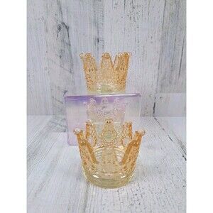 Crown Gold Orange Clear Glass Votive Candle Holders Set of 2 Tea Lights Decor